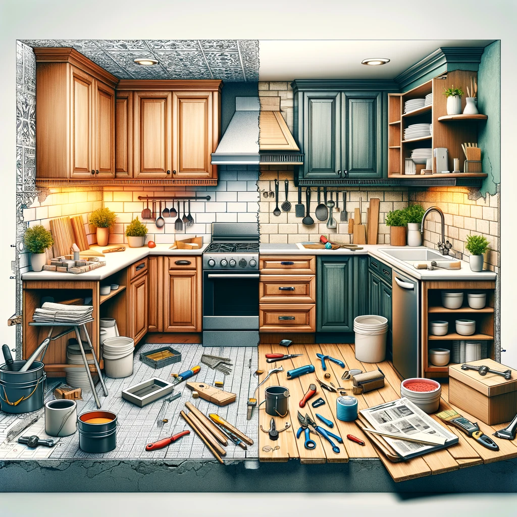 Partially renovated kitchen scene by N.Y. Renovation Services LLC, showing a mix of old and new elements with renovation tools and materials.