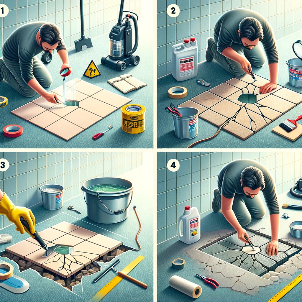 A four-part collage depicting steps of fixing a cracked tile: 1) A person examining a cracked tile, 2) Preparing the surface with cleaning supplies, 3) Filling the crack, 4) Applying grout.