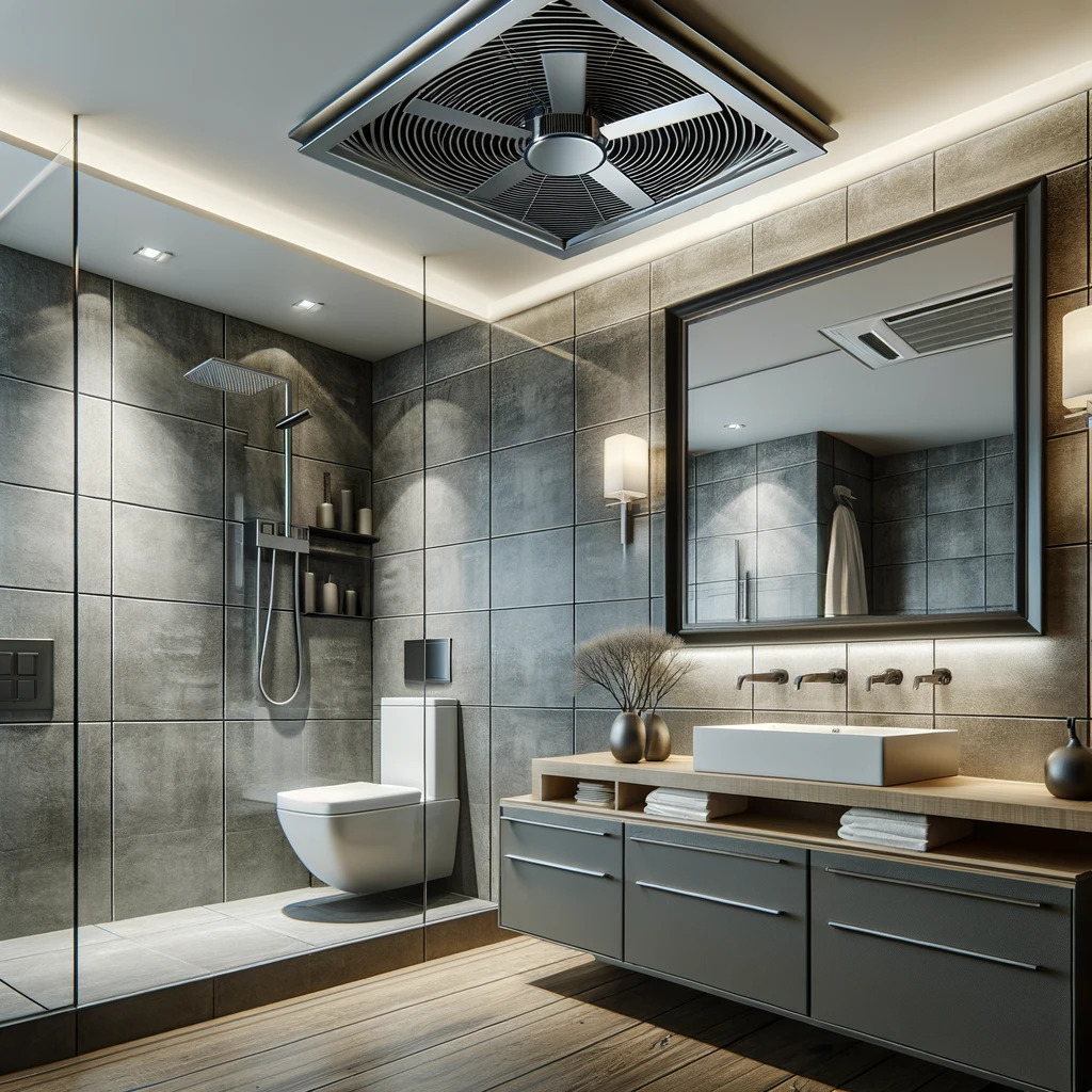A sleek and modern bathroom featuring a prominently installed ventilation fan on the ceiling, surrounded by stylish tiles, a large mirror, and contemporary fixtures.