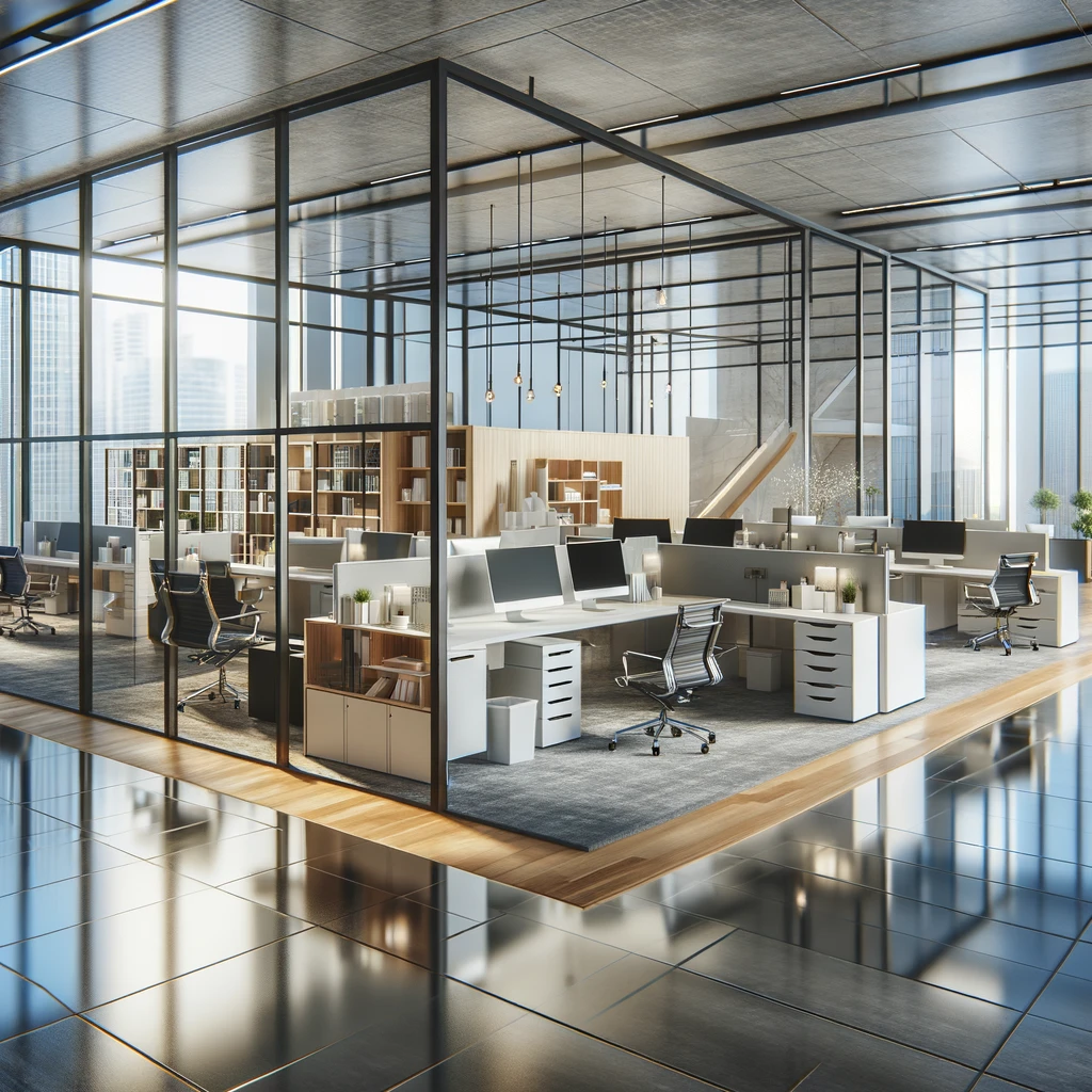 Modern office interior with glass walls and contemporary workstations.