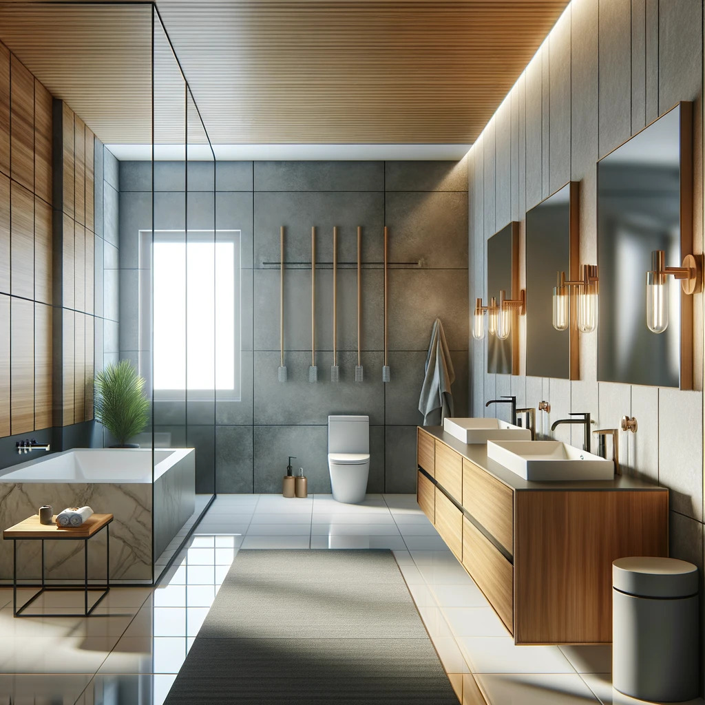 Modern bathroom interior with wooden vanity and sleek fixtures.