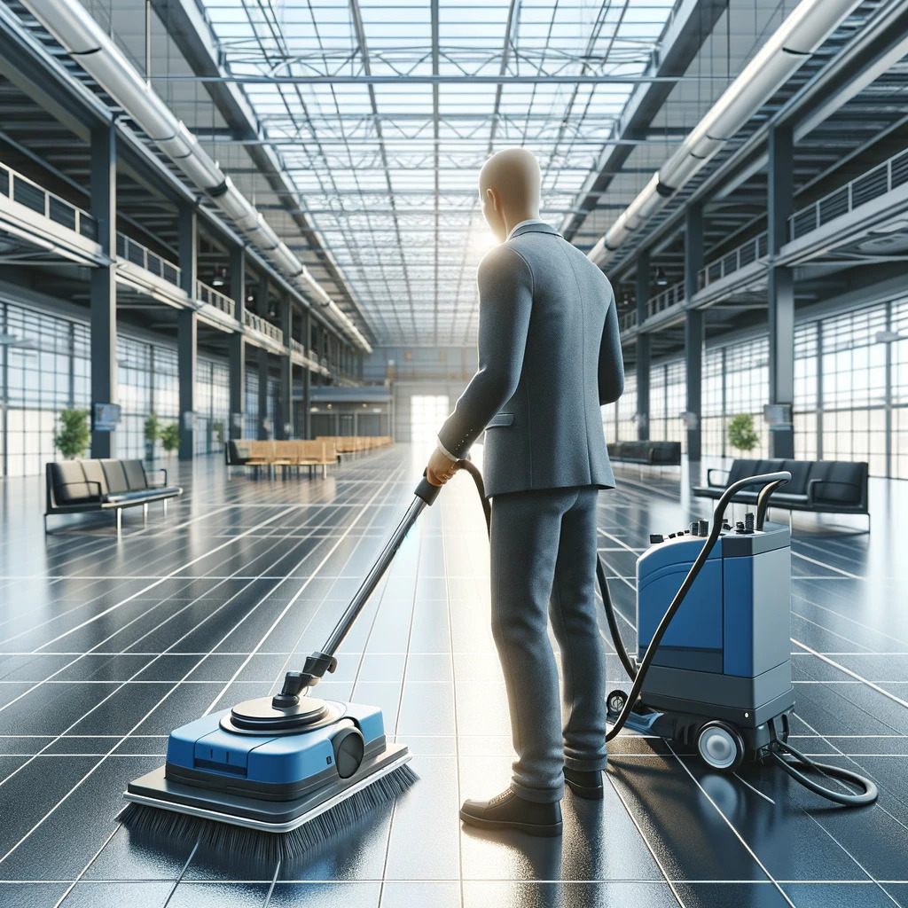 Professional cleaner using an industrial floor cleaning machine in a commercial space.