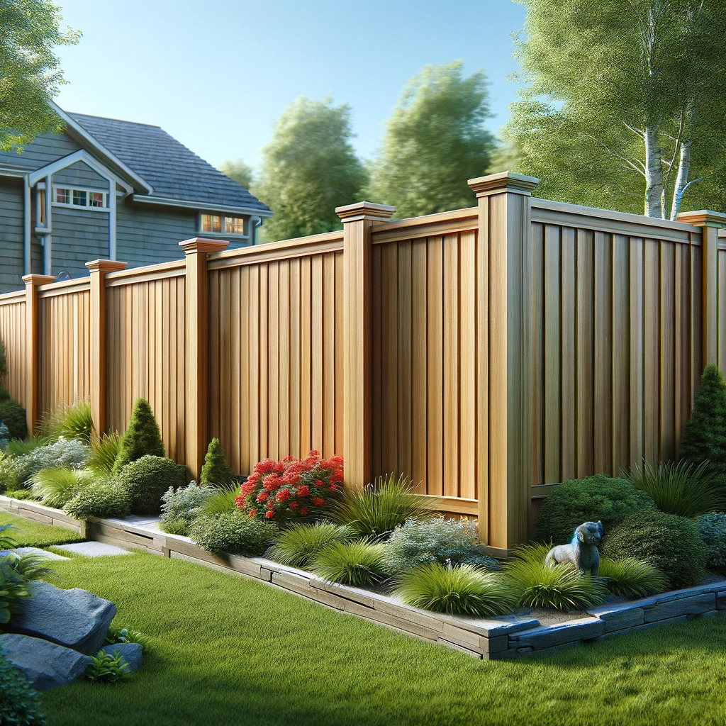 Wooden privacy fence in a lush backyard garden.