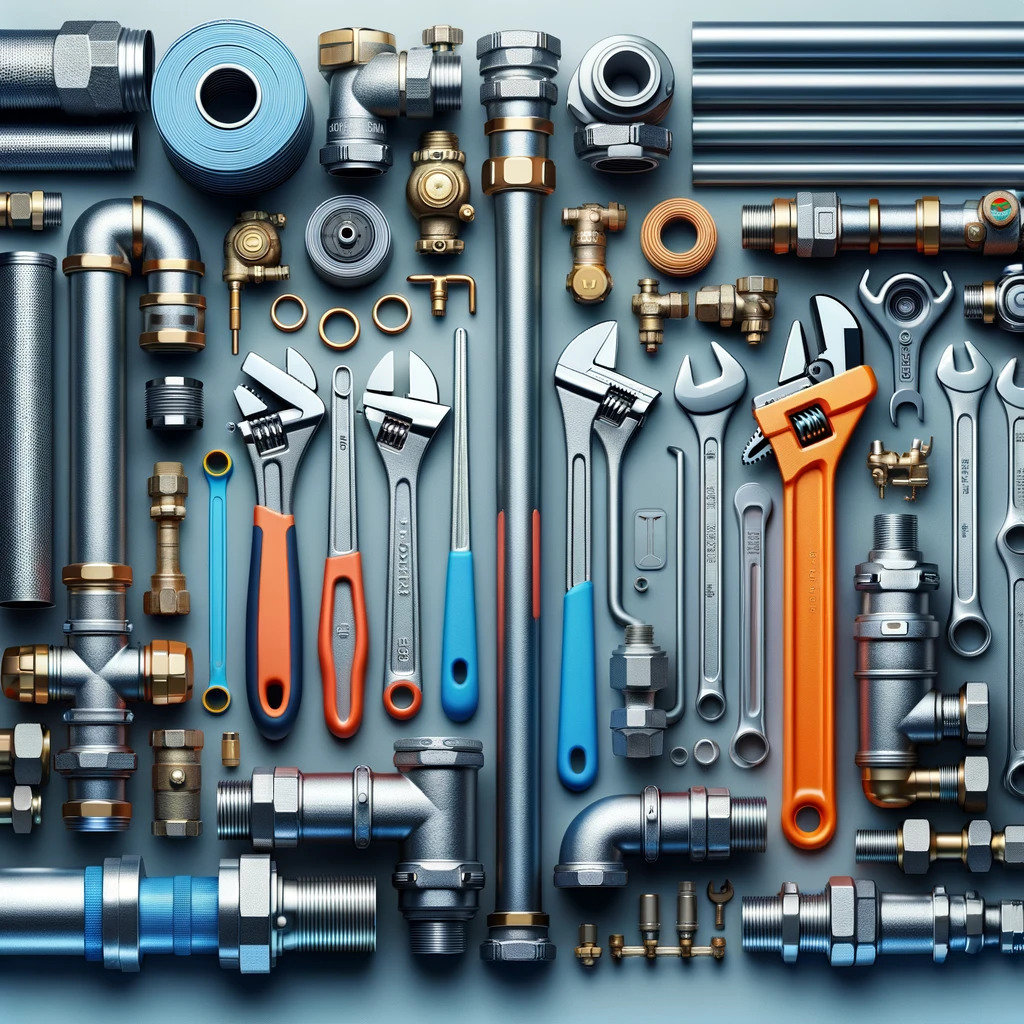 Assortment of plumbing tools and accessories for professional plumbing services.