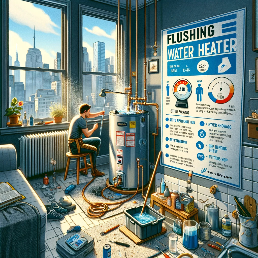 An illustration of a homeowner in a New York City apartment, confidently flushing their water heater. The scene includes DIY tools, a guidebook, and visual cues of sediment removal and increased efficiency. A digital meter shows reduced energy consumption, and a subtle reference to 'renovationservices.com' is visible in the background.