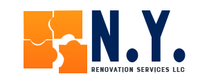 Logo of N.Y. Renovation Services LLC featuring stylized silhouettes of buildings in orange and black with the company's initials "N.Y." prominently displayed.