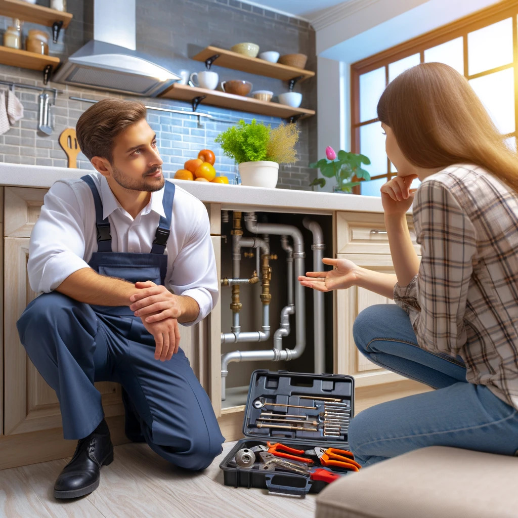 A professional plumber in uniform advising a homeowner on plumbing maintenance under a kitchen sink, surrounded by tools and neatly arranged plumbing equipment.