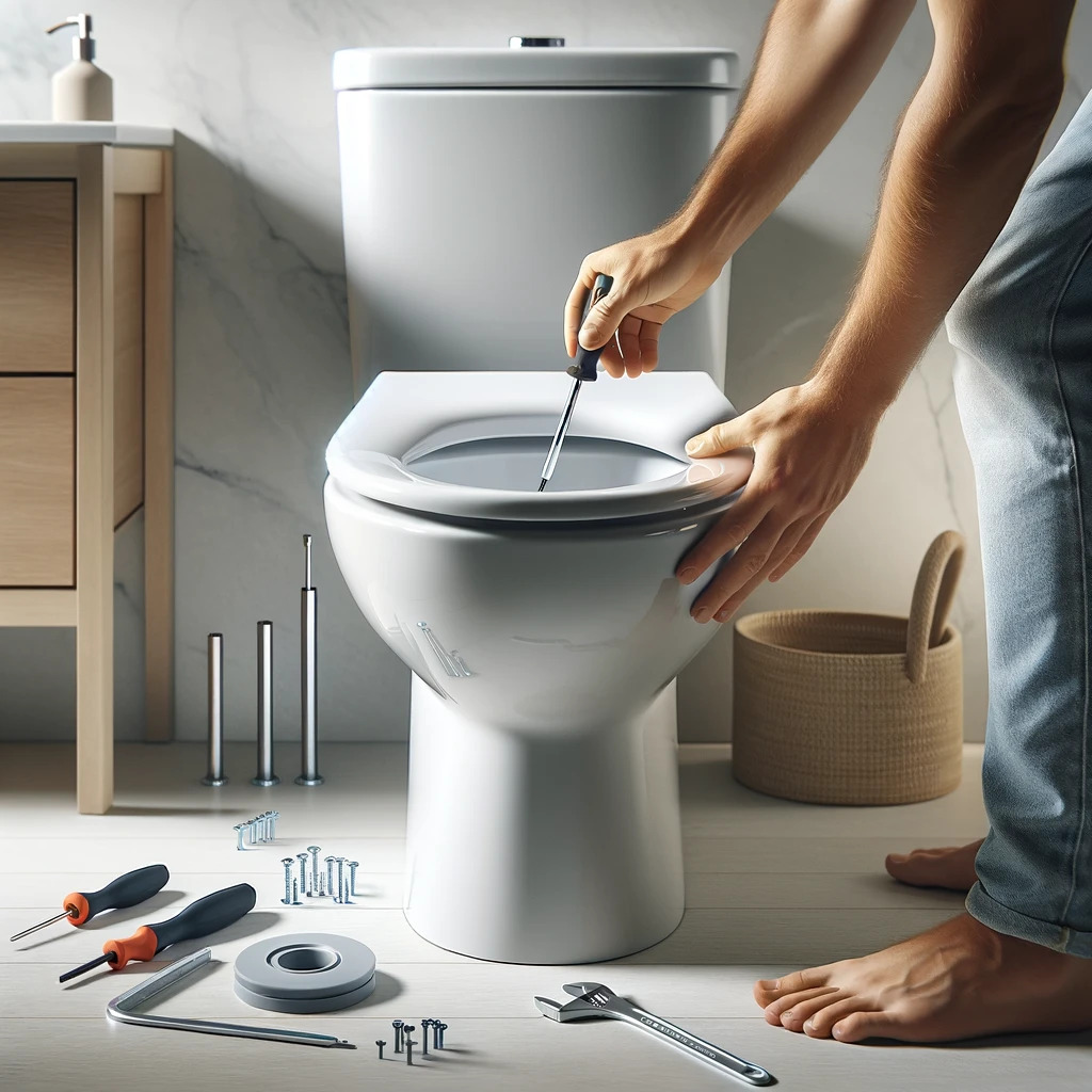 Hands carefully installing a new, sleek toilet seat onto a contemporary toilet bowl in a modern bathroom, with essential tools like a screwdriver and wrench nearby.