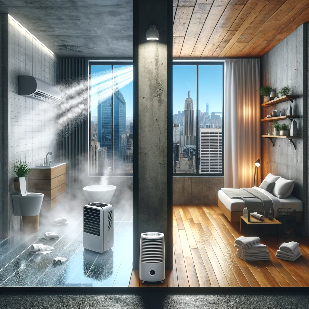 A modern bathroom in a city apartment showing two moisture control methods: a dehumidifier and an exhaust fan.