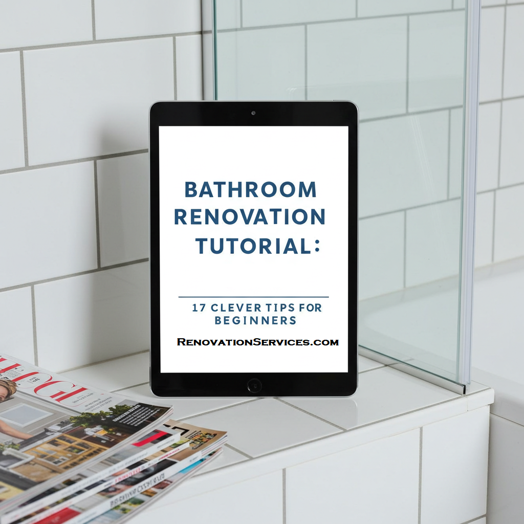 Tablet displaying "Bathroom Renovation Tutorial: 17 Clever Tips for Beginners" on bathroom tile ledge next to magazines