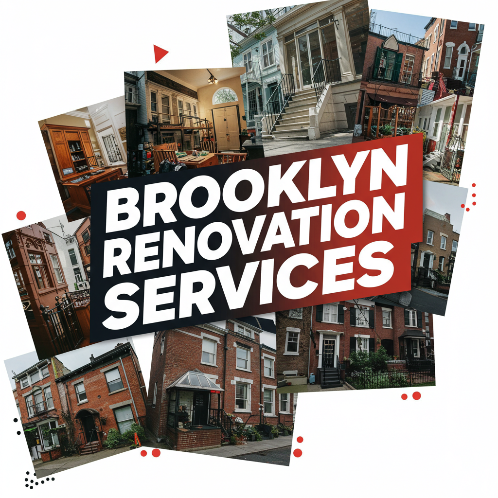 Collage of classic Brooklyn brownstones and renovated interiors with bold overlay text that reads “Brooklyn Renovation Services”.