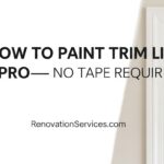 Painter brushing crisp white enamel onto door trim; headline overlay reads “How to Paint Trim Like a Pro—No Tape Required.”