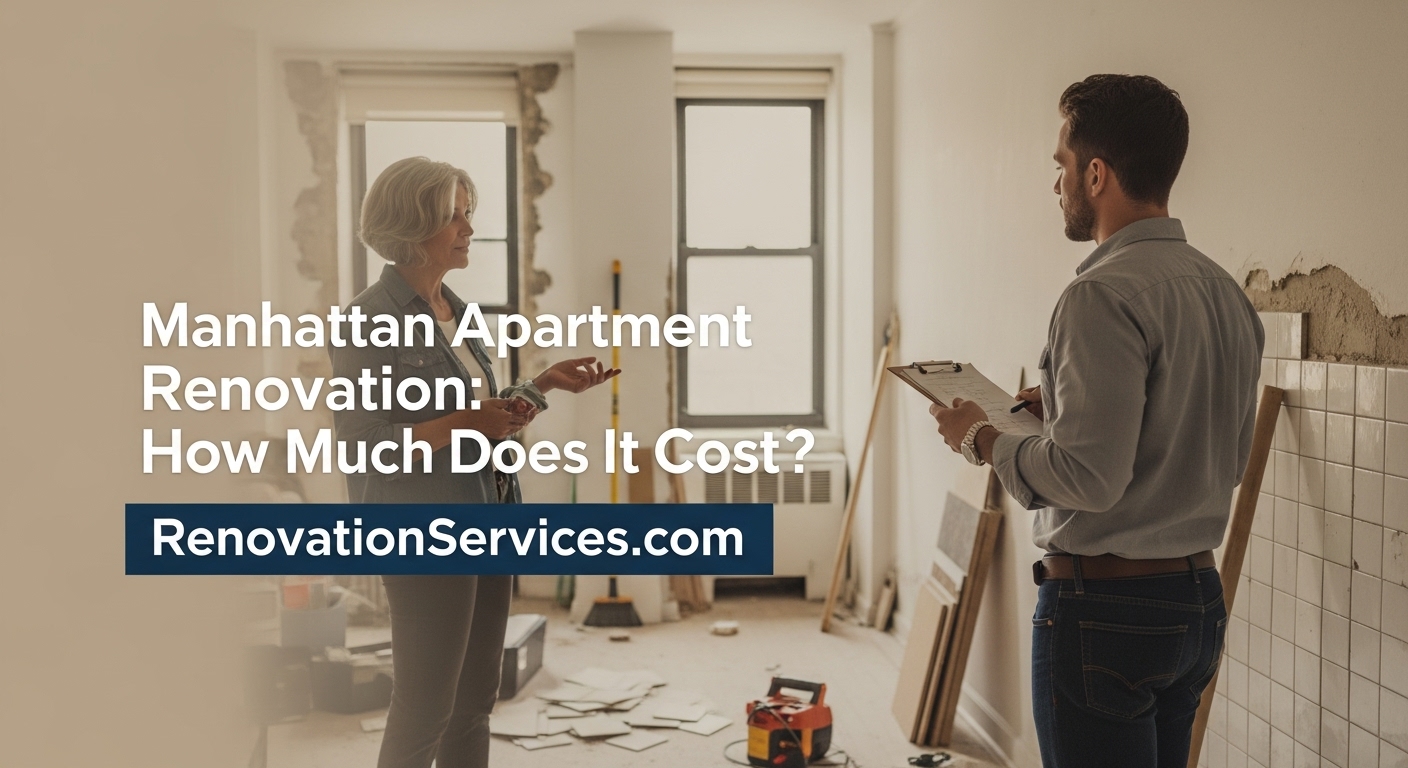 Contractor with clipboard discussing a Manhattan apartment renovation budget with homeowner inside a gutted living room; headline text overlay.