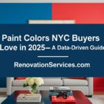 Living room split between vivid red and bold blue feature walls; headline overlay reads “Paint Colors NYC Buyers Love in 2025—A Data-Driven Guide”.