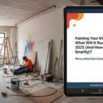 Painter in NYC apartment during renovation with tablet showing article on NYC apartment painting cost by RenovationServices.com.