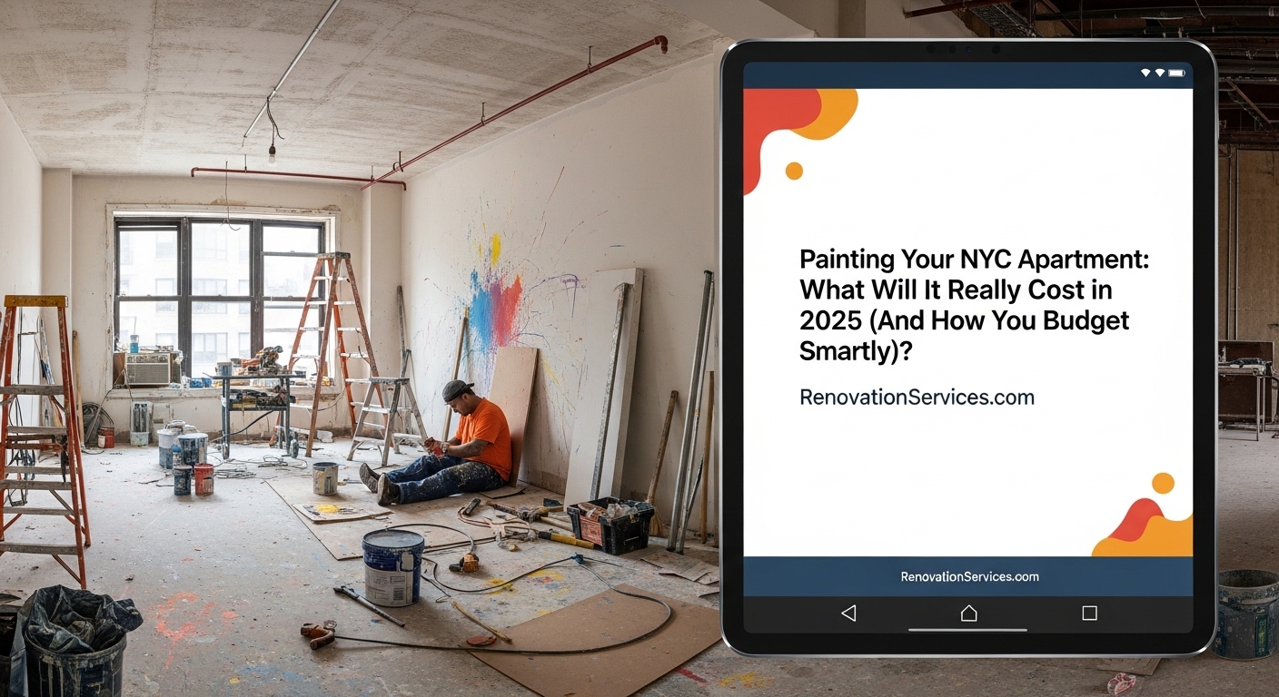 Painter in NYC apartment during renovation with tablet showing article on NYC apartment painting cost by RenovationServices.com.