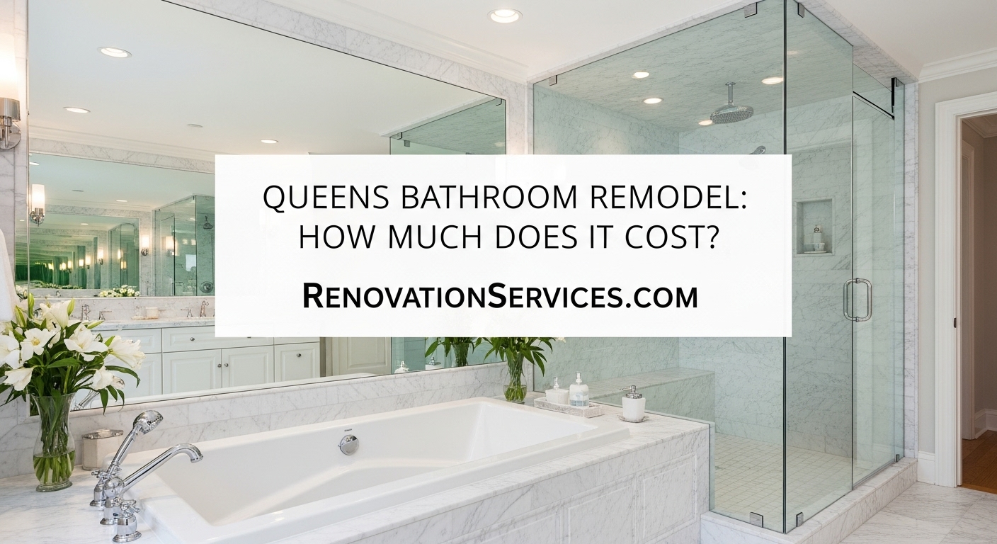 Luxurious white marble bathroom with frameless glass shower and soaking tub, over-laid with the headline “Queens Bathroom Remodel: How Much Does It Cost?”