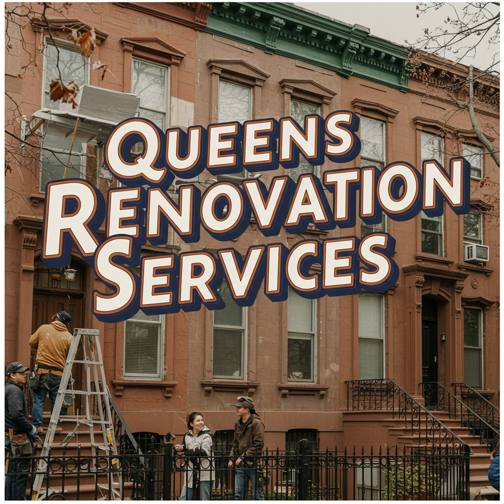 Queens brownstone under renovation with contractors on-site and bold overlay text reading “Queens Renovation Services”.