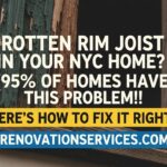 Rotten rim joist visible in an NYC home with text: Rotten Rim Joist in Your NYC Home? Here's How to Fix It Right! RenovationServices.com.