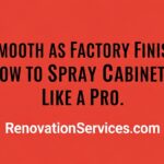 Painter using HVLP gun to spray white enamel onto cabinet doors; headline overlay reads “Smooth as Factory Finish: How to Spray Cabinets Like a Pro.”