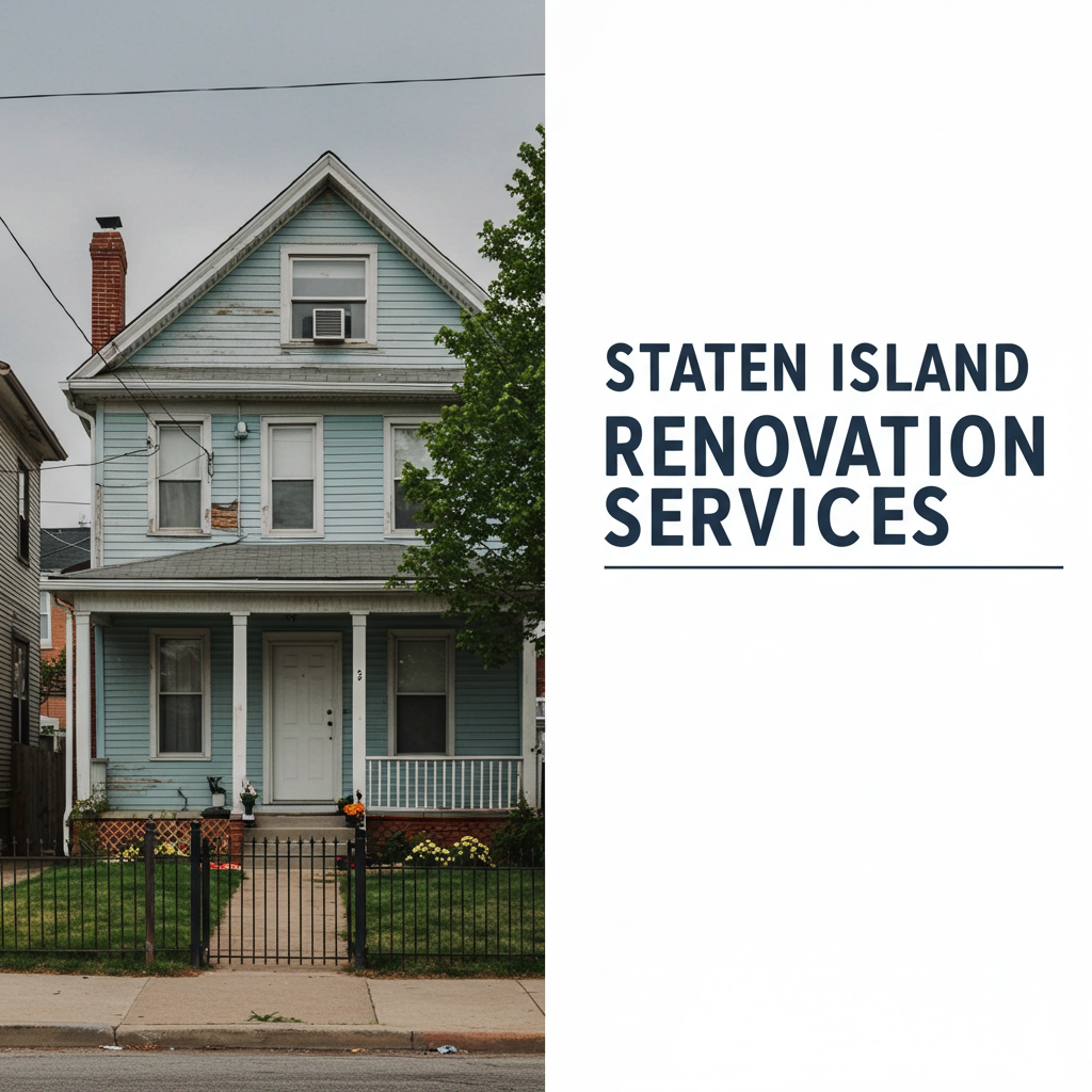 Two-story Staten Island home awaiting renovation, next to white panel with bold headline “Staten Island Renovation Services”.
