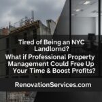 NYC skyline with blueprints, illustrating professional property management NYC benefits for landlords by RenovationServices.com.