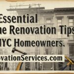 10 Essential Home Renovation Tips for NYC Homeowners from Renovationservices.com, shown over a historic photo of brownstones under construction.