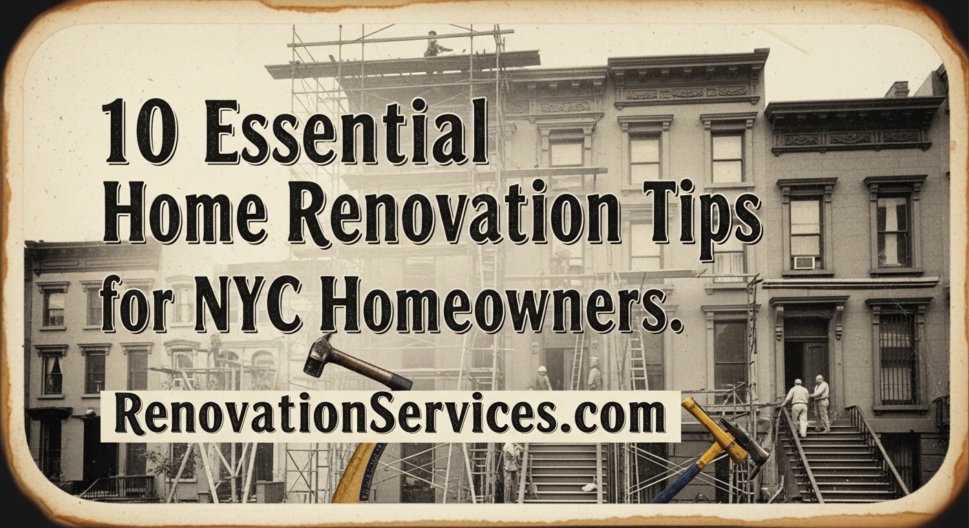 10 Essential Home Renovation Tips for NYC Homeowners from Renovationservices.com, shown over a historic photo of brownstones under construction.