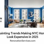 A living room demonstrating an expensive paint trend for 2025 with walls and trim painted in a moody, dark green.