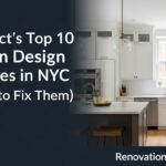 A modern, well-lit NYC kitchen with a large island, demonstrating how to avoid common kitchen design mistakes with professional guidance from Renovationservices.com. The image shows good lighting, ample space, and a functional layout.