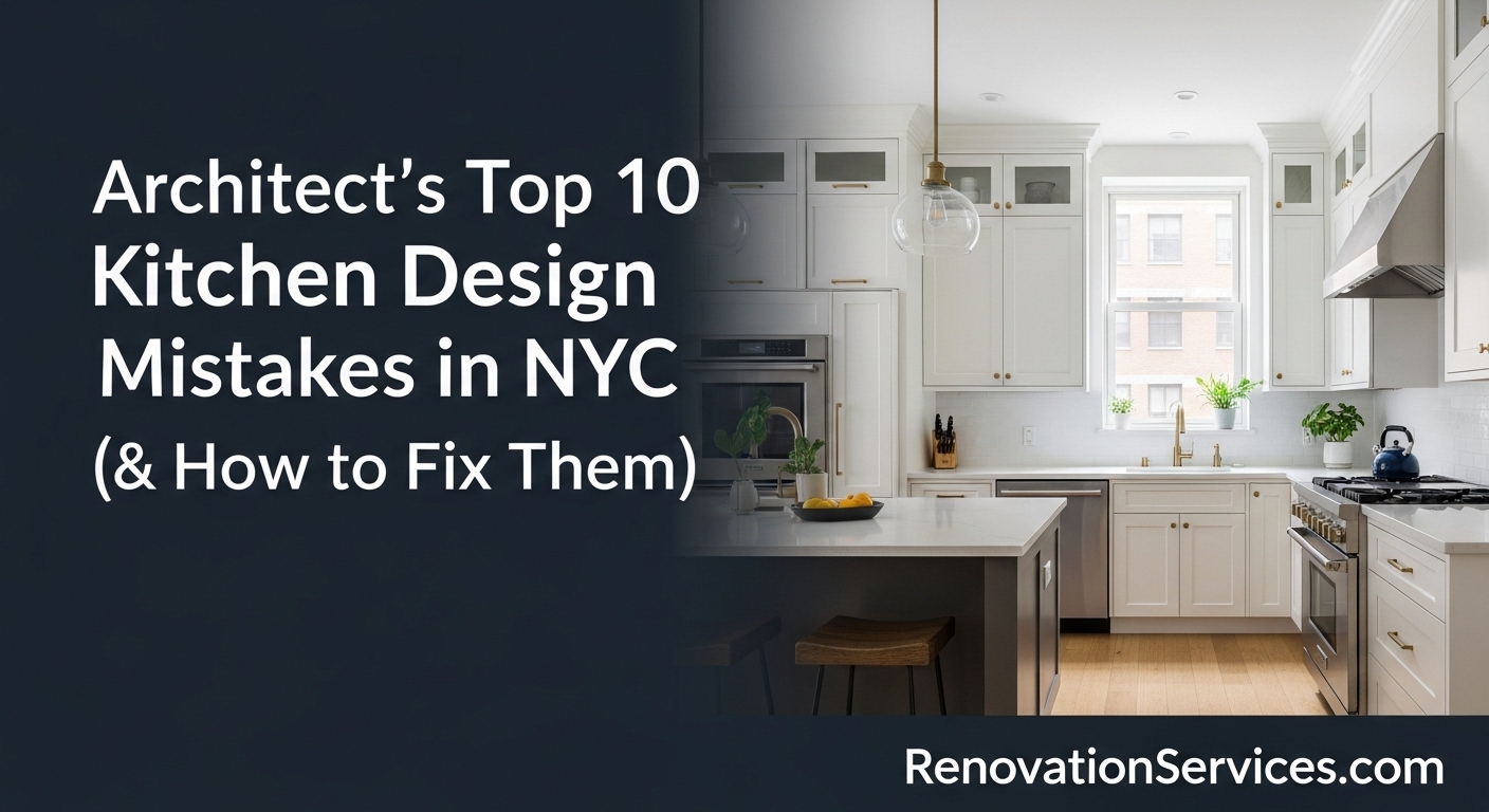 A modern, well-lit NYC kitchen with a large island, demonstrating how to avoid common kitchen design mistakes with professional guidance from Renovationservices.com. The image shows good lighting, ample space, and a functional layout.