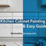 Before and after of DIY kitchen cabinet painting in NYC, showing a transformation to modern white cabinets.