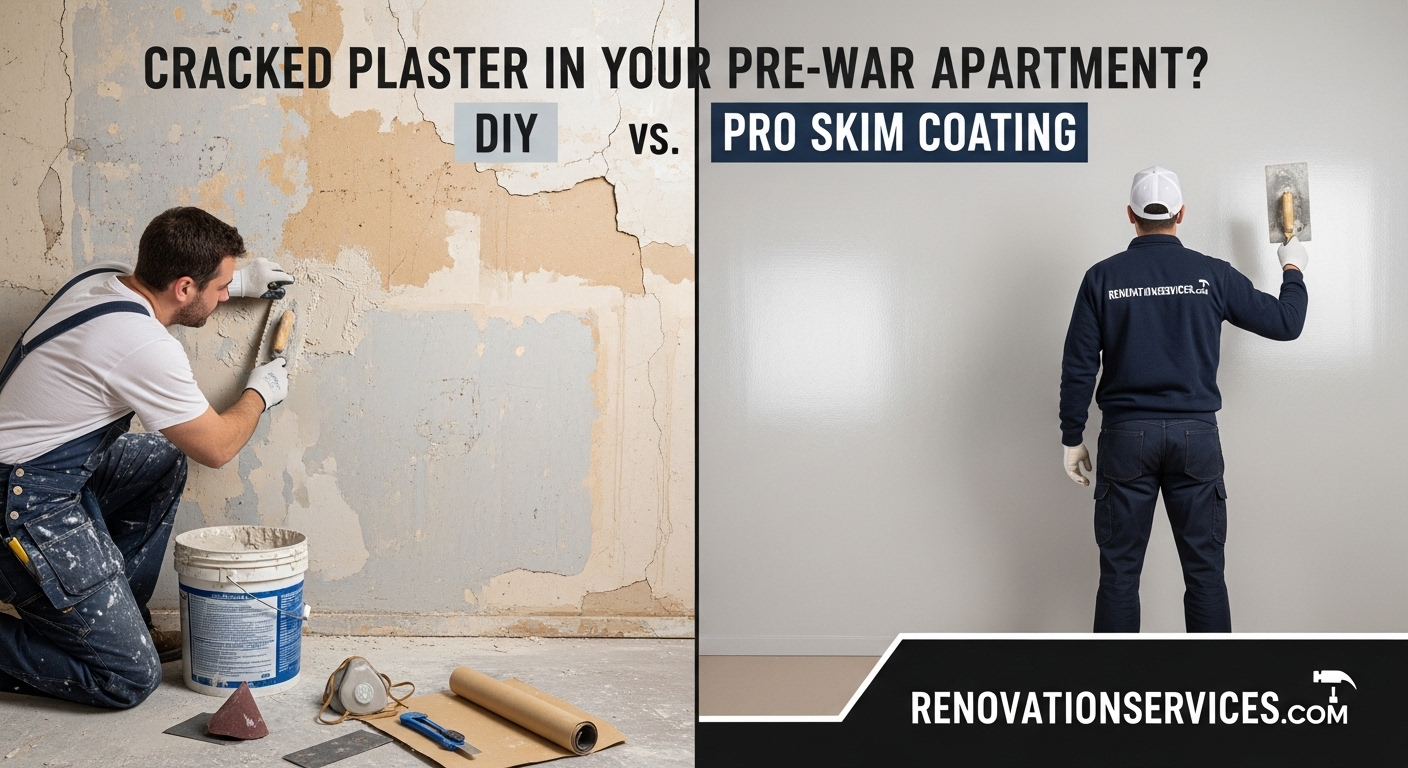 A professional skim coating a cracked plaster wall in a pre-war NYC apartment, demonstrating the repair process.
