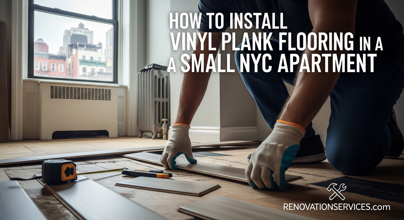 A person installing luxury vinyl plank flooring in a modern NYC apartment, demonstrating the click-lock installation method.