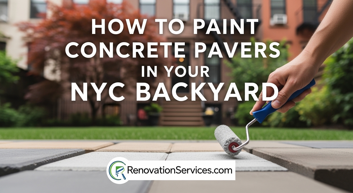 A person using a small roller to paint concrete pavers in a Brooklyn backyard, demonstrating the DIY process.