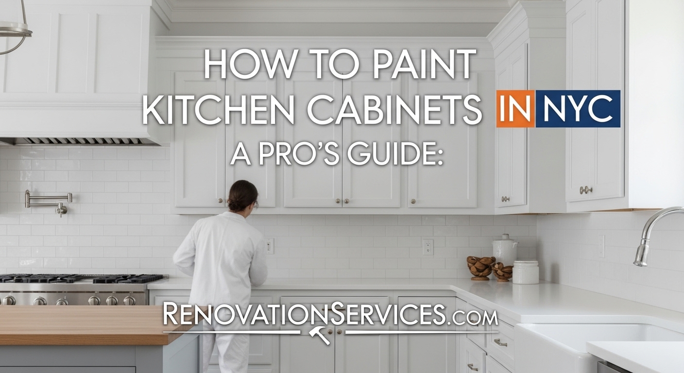 A professional painter inspecting newly painted white kitchen cabinets in a modern NYC kitchen.