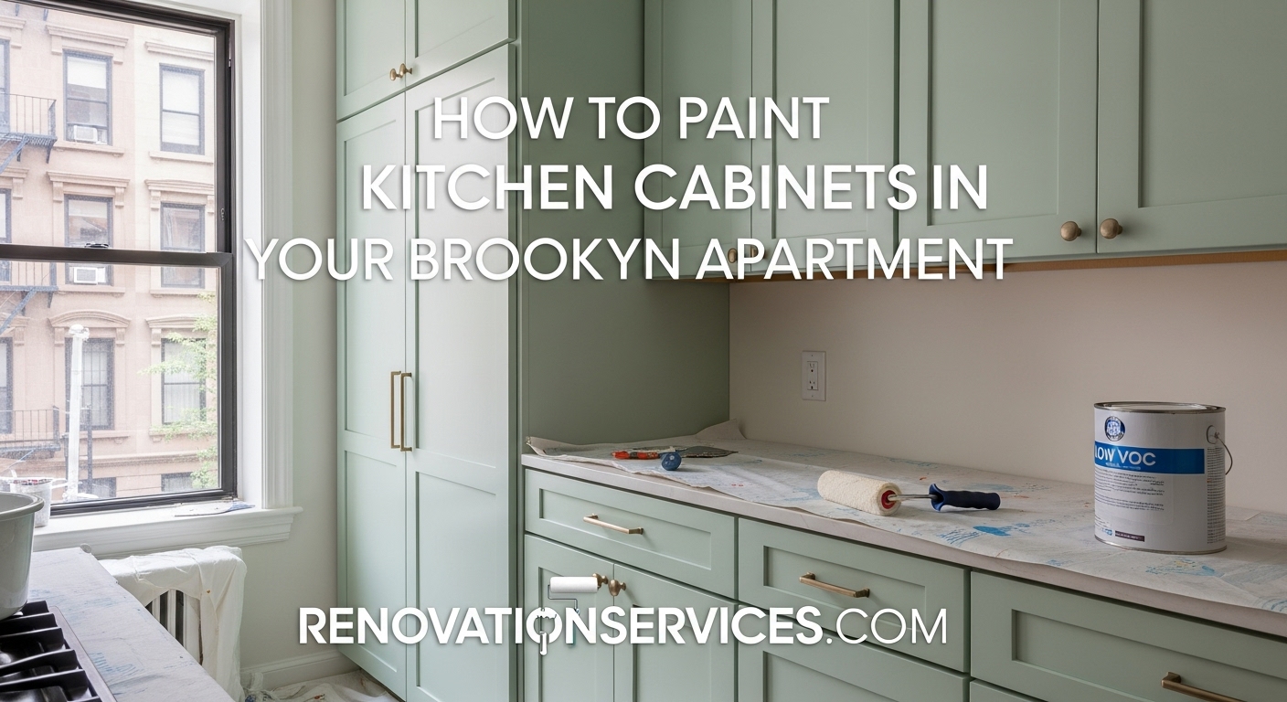 A beautifully painted kitchen with light green cabinets in a modern Brooklyn apartment, showcasing a professional renovation.
