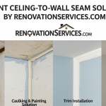Comparison of four basement ceiling-to-wall seam solutions: dirty cracked corner, caulk repair, square trim installation, and cove molding.