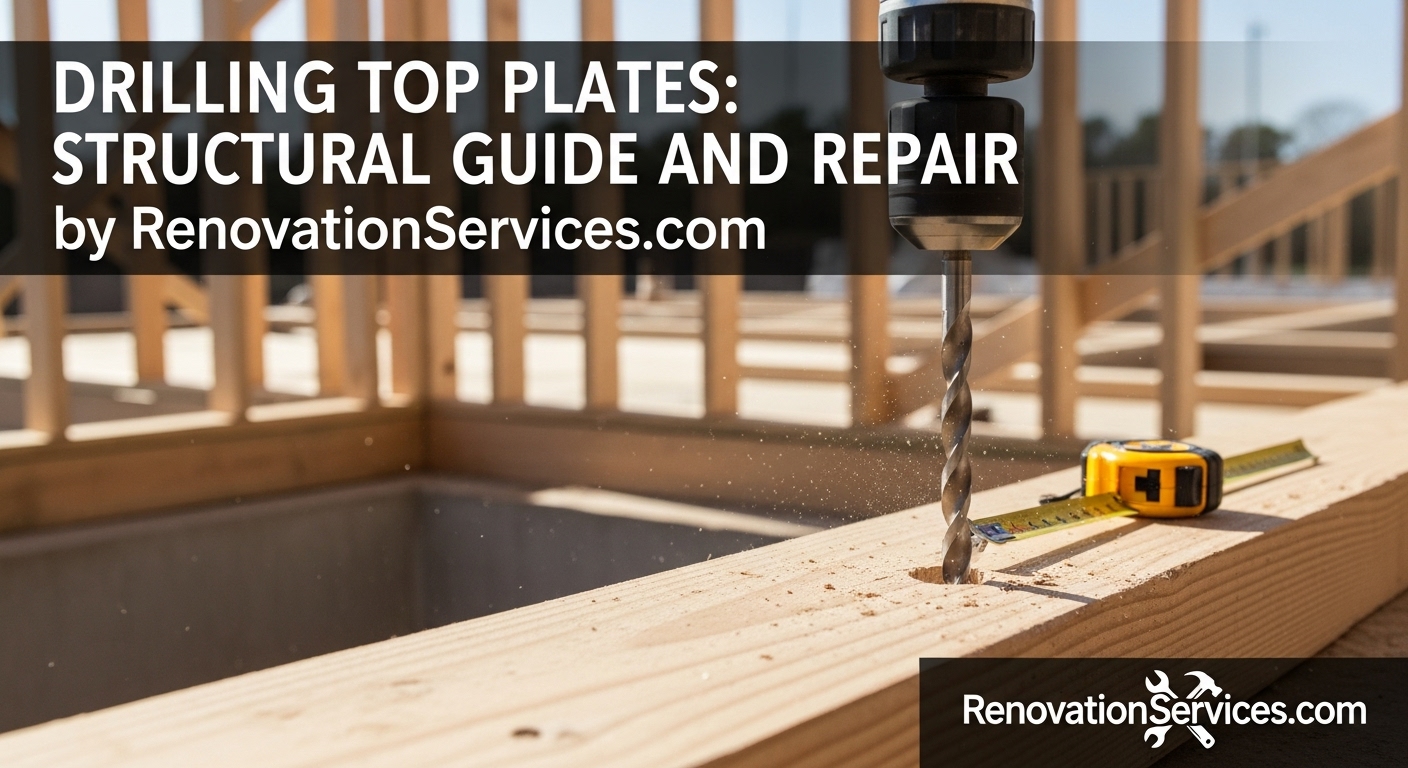 Close-up of a drill bit boring a hole through a wooden top plate during new construction framing.