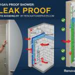Composite image showing a contractor in a blue shirt inspecting a glass shower enclosure alongside detailed 3D diagrams of a leak-proof shower waterproofing system.