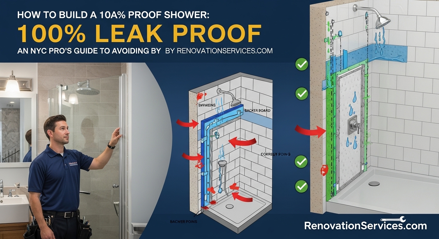 Composite image showing a contractor in a blue shirt inspecting a glass shower enclosure alongside detailed 3D diagrams of a leak-proof shower waterproofing system.