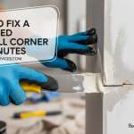Contractor in blue gloves applying joint compound to fix a dented drywall corner with a 6-inch taping knife.