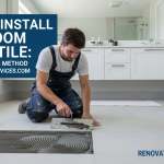 Contractor in blue overalls installing large format gray bathroom floor tiles over a combed thin-set bed with a trowel.