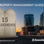 Stone tablets displaying the text '15 Commandments' with a city skyline at sunset in the background.