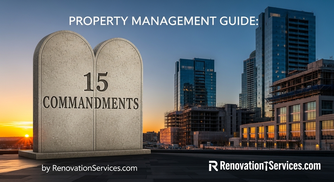 Stone tablets displaying the text '15 Commandments' with a city skyline at sunset in the background.