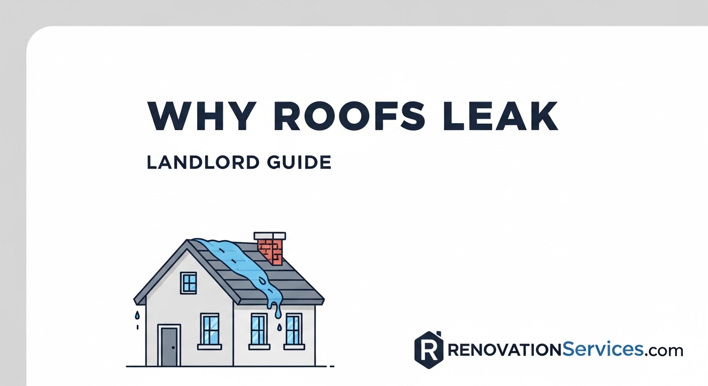 A close-up of water dripping from a ceiling leak into a bucket, with a blurred background of a frustrated landlord on the phone.