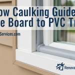 Close-up of a window corner showing proper grey caulking between white PVC trim and tan Hardie board siding.