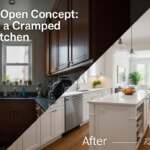 Newly remodeled open-concept kitchen in Queens featuring custom white shaker cabinets to the ceiling and quartz countertops.