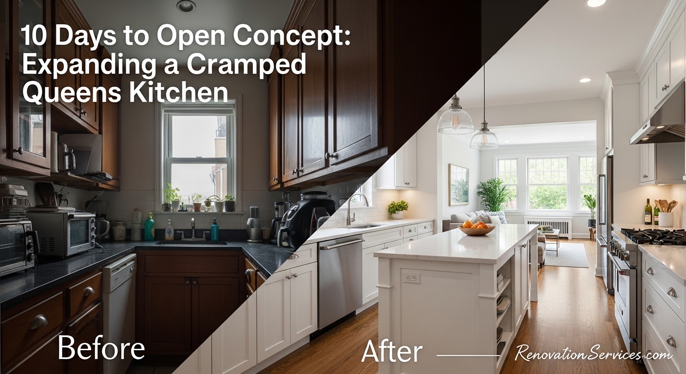 Newly remodeled open-concept kitchen in Queens featuring custom white shaker cabinets to the ceiling and quartz countertops.