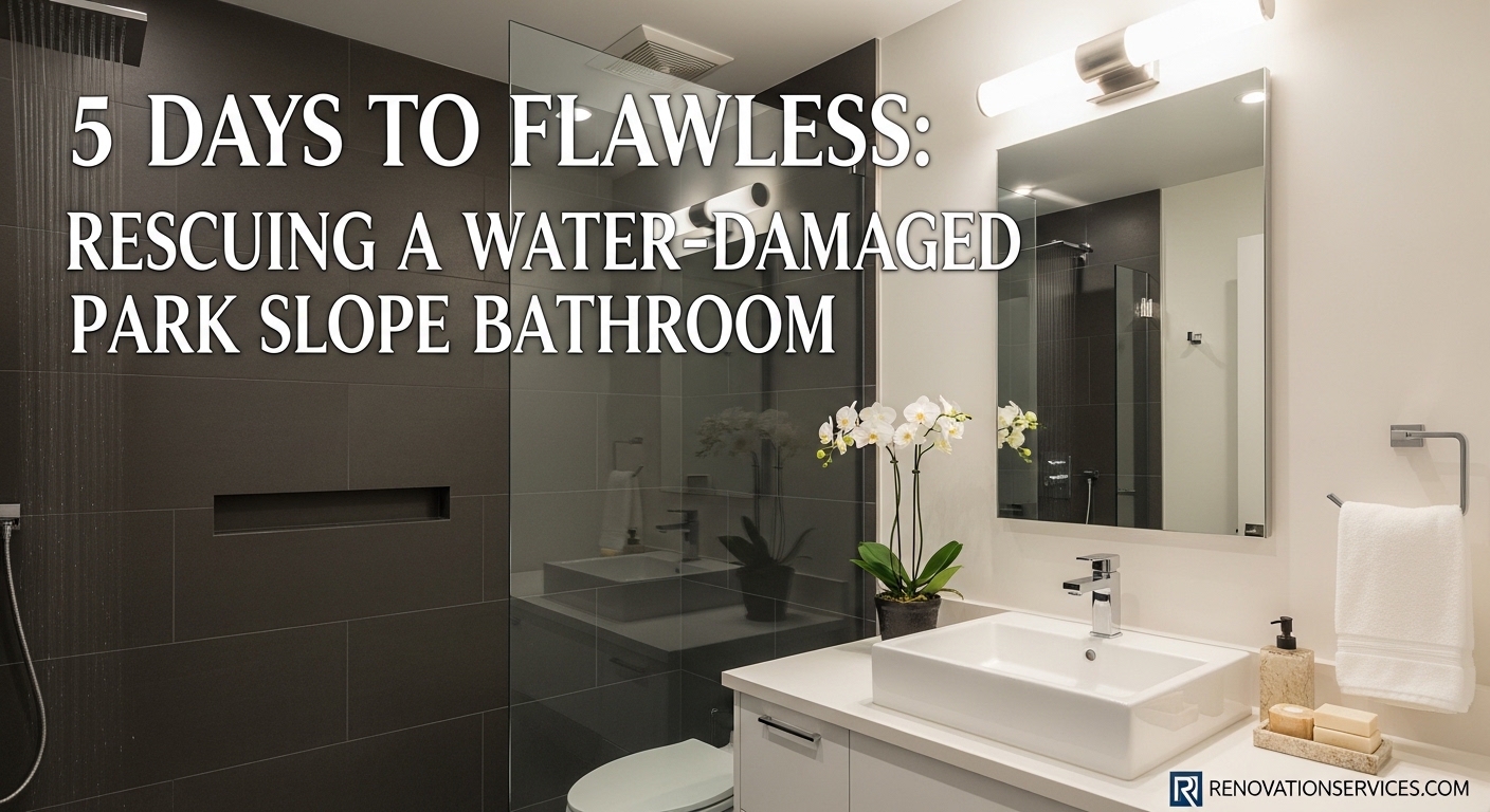 Newly remodeled Park Slope bathroom featuring white subway wall tiles, matte black hexagon floor tiles, and brushed brass fixtures.